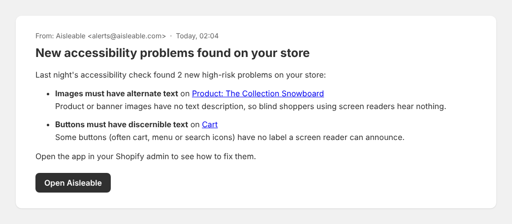 Example alert email listing new accessibility problems